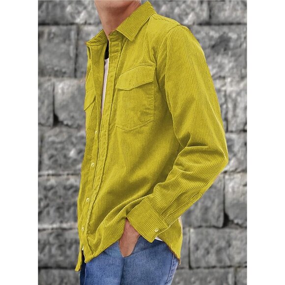 Men Yellow Corduroy Shirt Casual Long Sleeve Button Up Jacket Style Top - Picture 2 of 8
